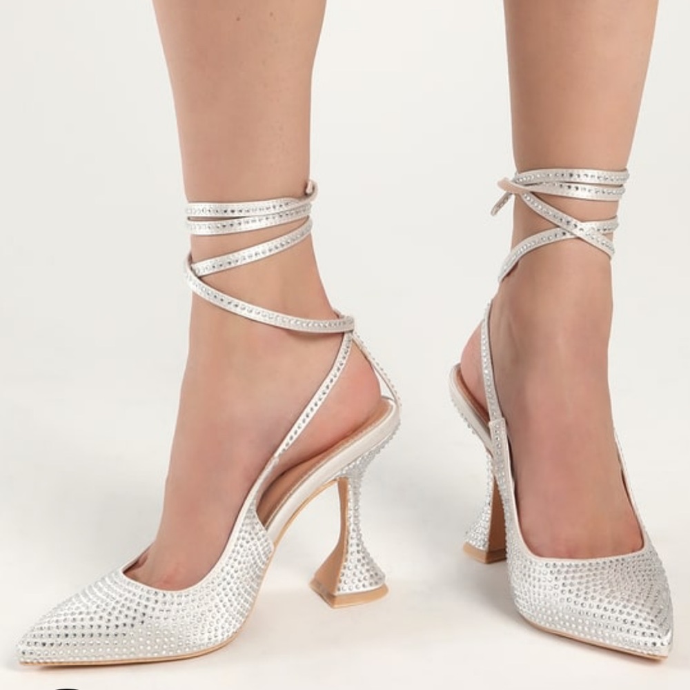 Kayka White Rhinestone Lace-Up Pointed-Toe Pumps
